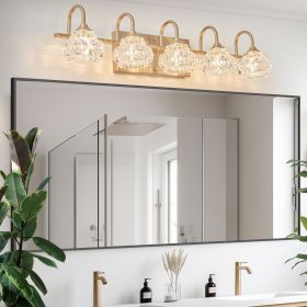 29" Modern Crystal Bathroom Vanity Light, 5-Light Golden Wall Sconce with Clear Glass Shade, Elegant Wall Mount Lighting for Bathroom, Powder Roo