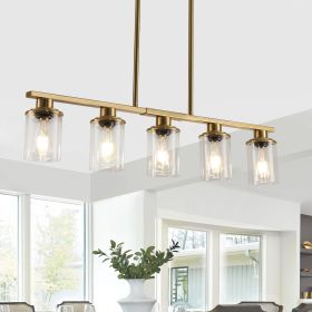 37" Modern Industrial 5-Light Chandelier with Clear Glass Shades, Golden Metal Frame Hanging Ceiling Light Fixture for Dining Room, Kitchen Islan