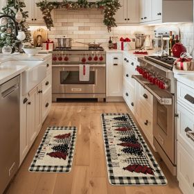 Buffalo Plaid Xmas Tree Merry Christmas Kitchen Mats Set of 2, Winter Home Decor Low-Profile Kitchen Rugs for Floor - 17x29 and 17x47 Inch