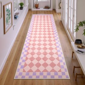 Checkered Washable Rug Runners for Hallways Non Slip,2x7 Black Kitchen Bathroom Runner Rug (Color: PINK)
